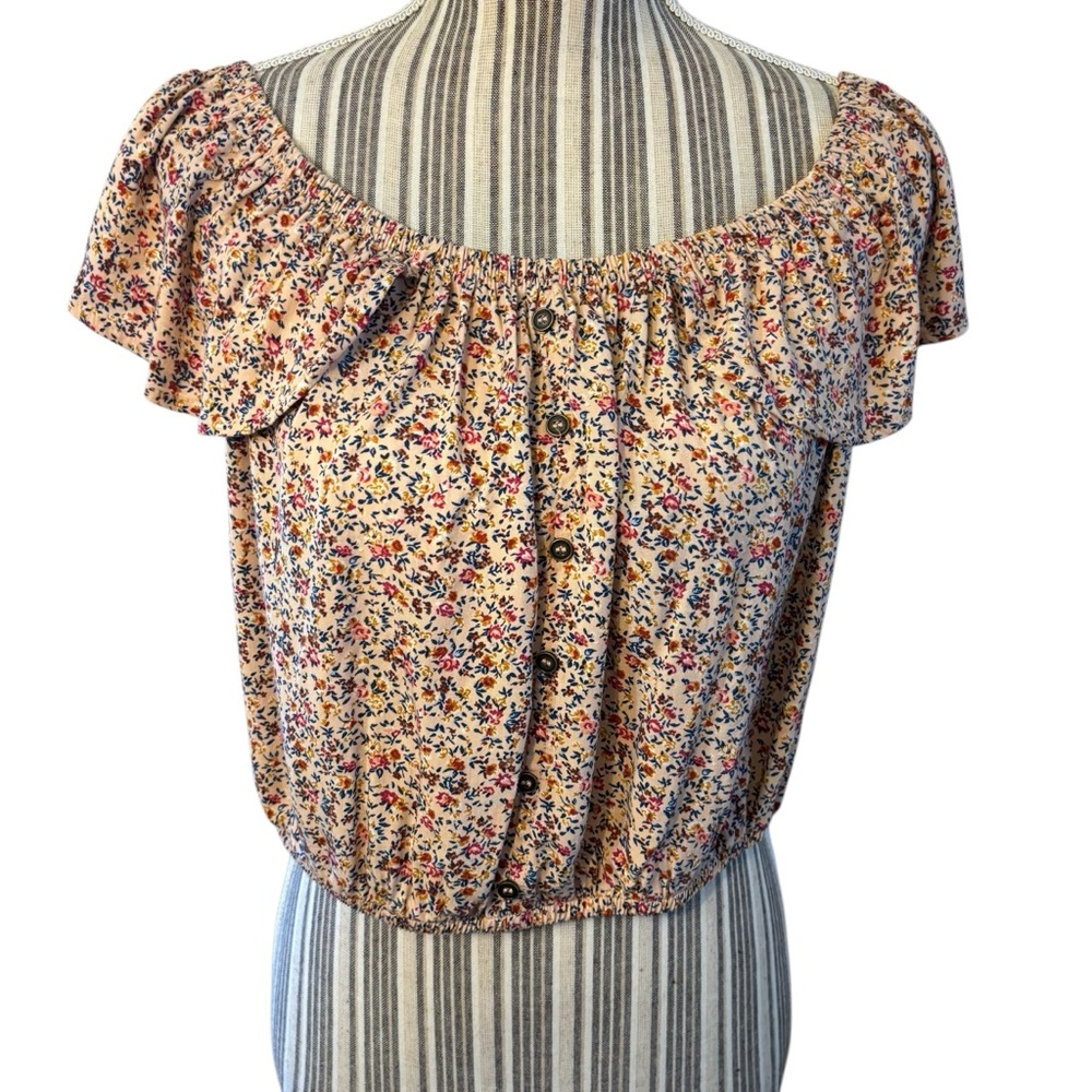 Xhilaration Top XL Peachy Pink Ditzy Floral Flutter Sleeves Rayon Cropped Blouse